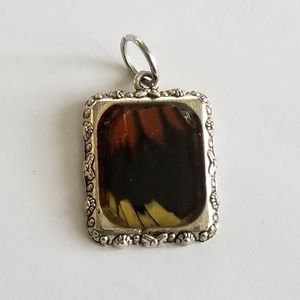 Butterfly wing charm pendant silver tone real insect bug resin handmade